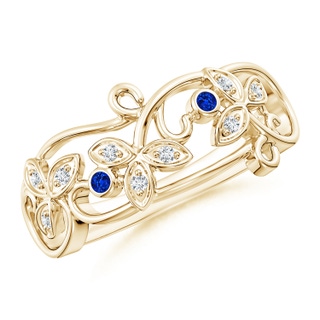 1.5mm AAAA Vintage Style Blue Sapphire and Diamond Flower Scroll Ring in Yellow Gold