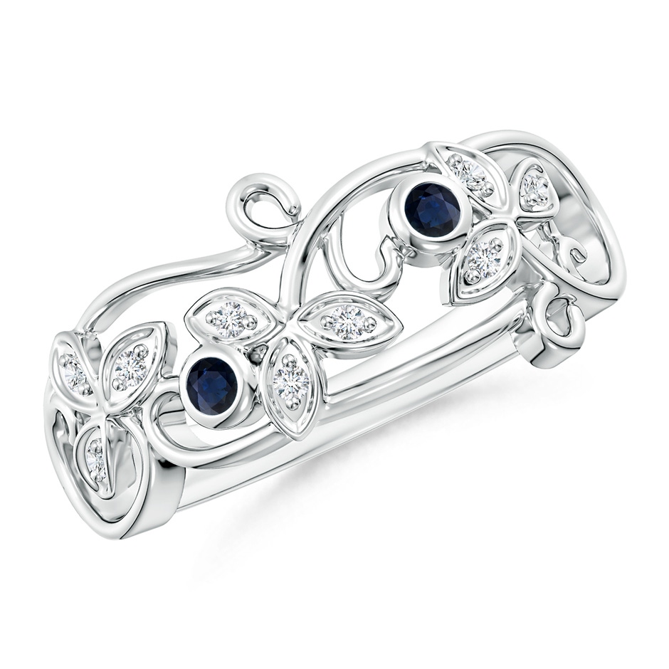 2mm A Vintage Style Blue Sapphire and Diamond Flower Scroll Ring in White Gold 