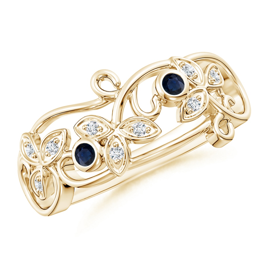 2mm A Vintage Style Blue Sapphire and Diamond Flower Scroll Ring in Yellow Gold 