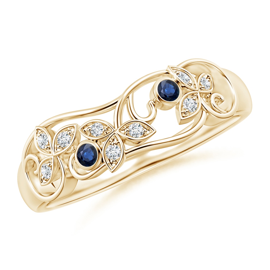 2mm AA Vintage Style Blue Sapphire and Diamond Flower Scroll Ring in 10K Yellow Gold 