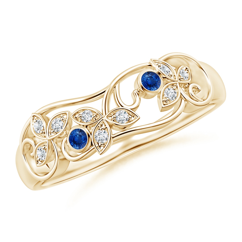 2mm AAA Vintage Style Blue Sapphire and Diamond Flower Scroll Ring in 10K Yellow Gold