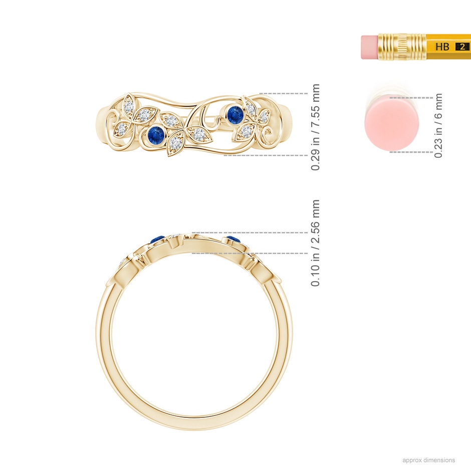 2mm AAA Vintage Style Blue Sapphire and Diamond Flower Scroll Ring in 10K Yellow Gold ruler