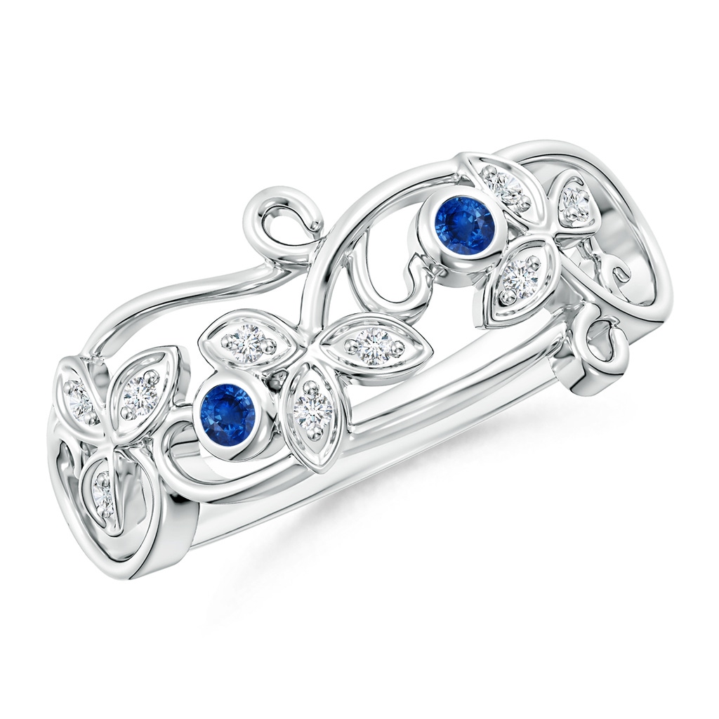 2mm AAA Vintage Style Blue Sapphire and Diamond Flower Scroll Ring in White Gold