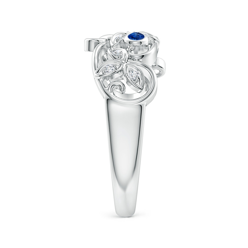 2mm AAA Vintage Style Blue Sapphire and Diamond Flower Scroll Ring in White Gold side-2