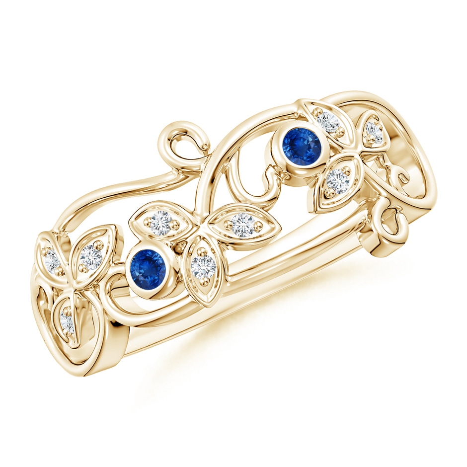 2mm AAA Vintage Style Blue Sapphire and Diamond Flower Scroll Ring in Yellow Gold 