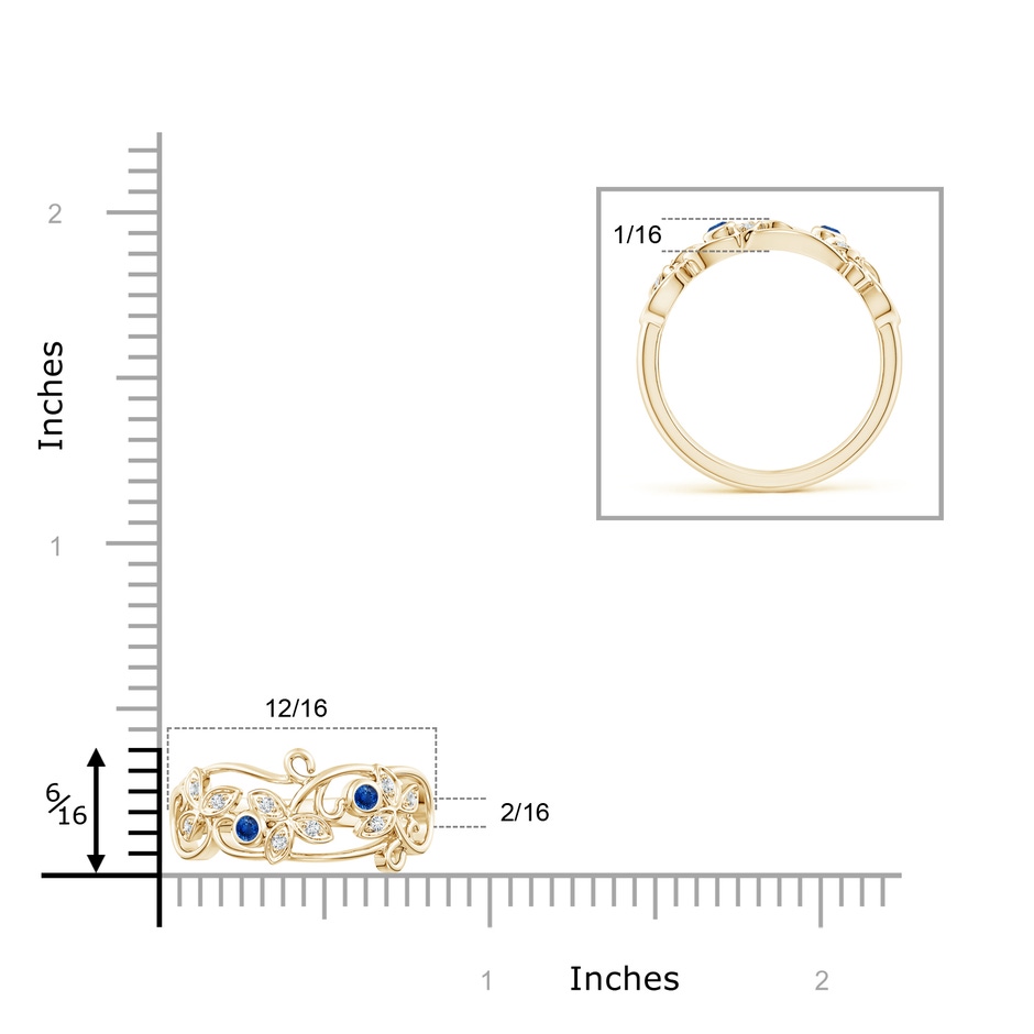 2mm AAA Vintage Style Blue Sapphire and Diamond Flower Scroll Ring in Yellow Gold ruler