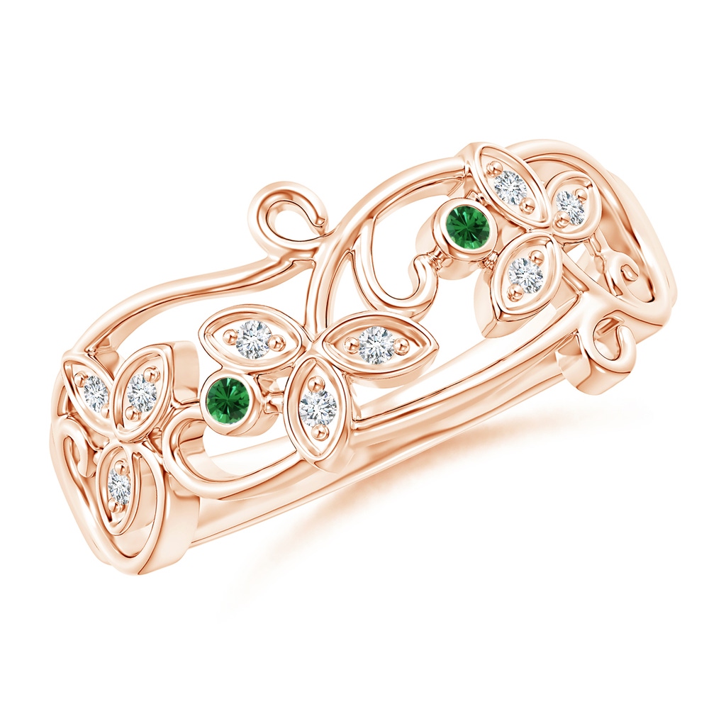 1.5mm AAAA Vintage Style Tsavorite and Diamond Flower Scroll Ring in Rose Gold