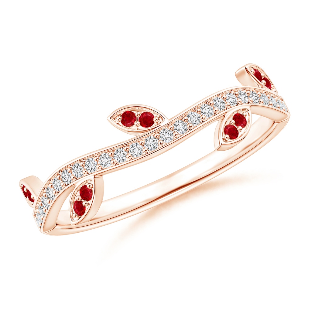 1.1mm AAA Ruby Vine and Leaf Curved Wedding Band in Rose Gold
