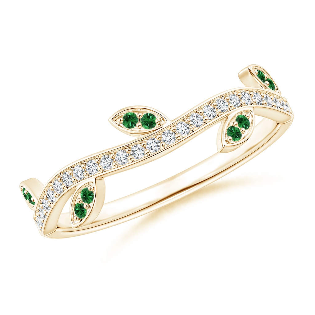 1.1mm AAAA Tsavorite Vine and Leaf Curved Wedding Band in Yellow Gold