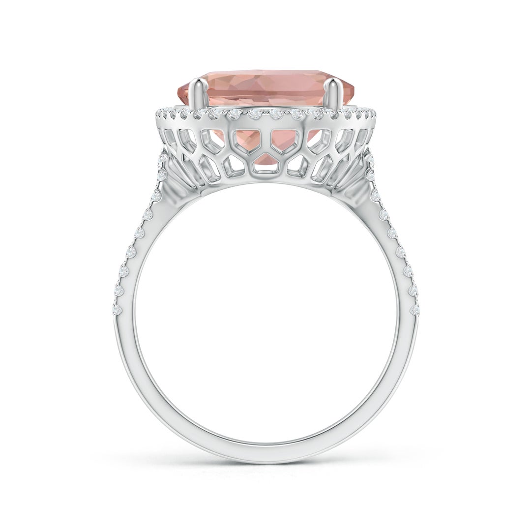 16x12mm AAAA Oval Morganite Cocktail Ring with Diamond Halo in White Gold - side 1