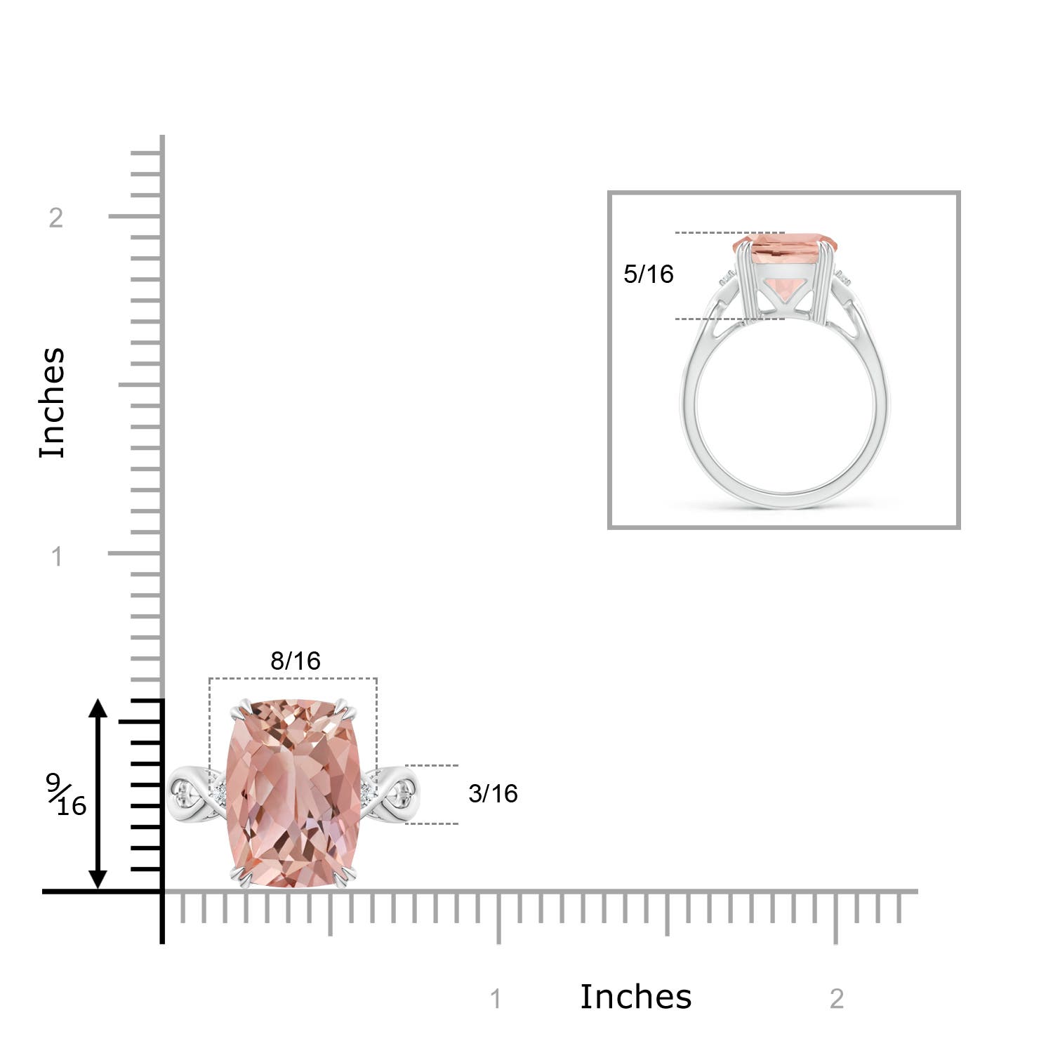 14x10mm AAAA Cushion Morganite Crossover Ring with Diamond Accents in P950 Platinum - ruler
