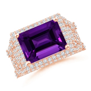 12.10x10.11x7.06mm AAA GIA Certified East West Emerald-Cut Amethyst Cocktail Ring with Diamonds in 10K Rose Gold