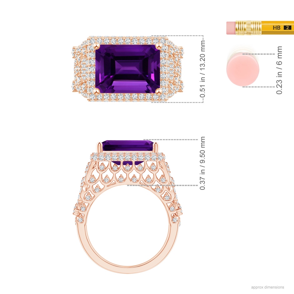 12.10x10.11x7.06mm AAA GIA Certified East West Emerald-Cut Amethyst Cocktail Ring with Diamonds in 18K Rose Gold ruler