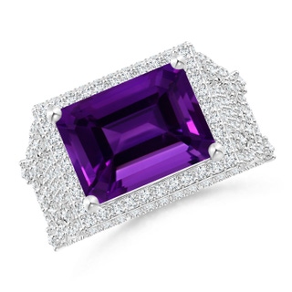 12.10x10.11x7.06mm AAA GIA Certified East West Emerald-Cut Amethyst Cocktail Ring with Diamonds in 18K White Gold