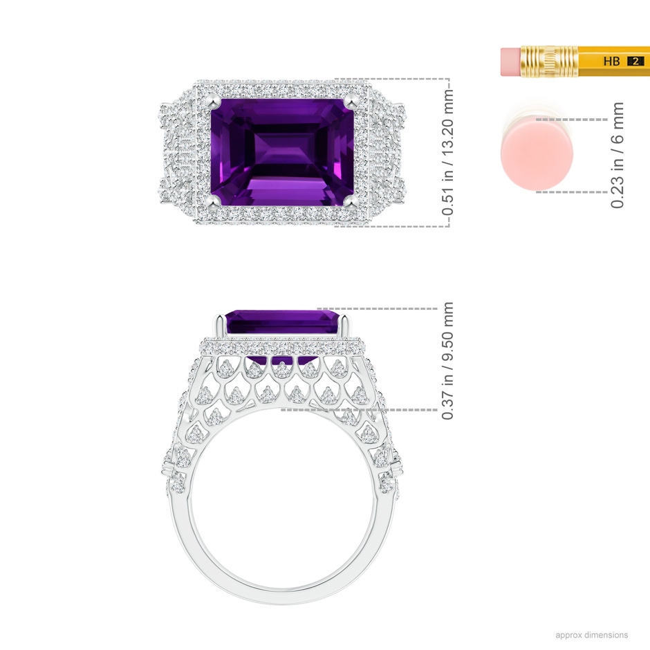 12.10x10.11x7.06mm AAA GIA Certified East West Emerald-Cut Amethyst Cocktail Ring with Diamonds in 18K White Gold ruler