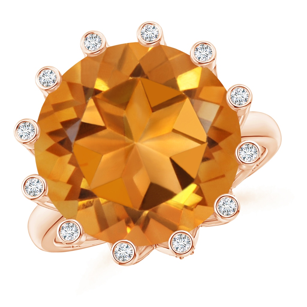 14mm AAAA Round Citrine Ring with Bezel Set Diamond Accents in Rose Gold