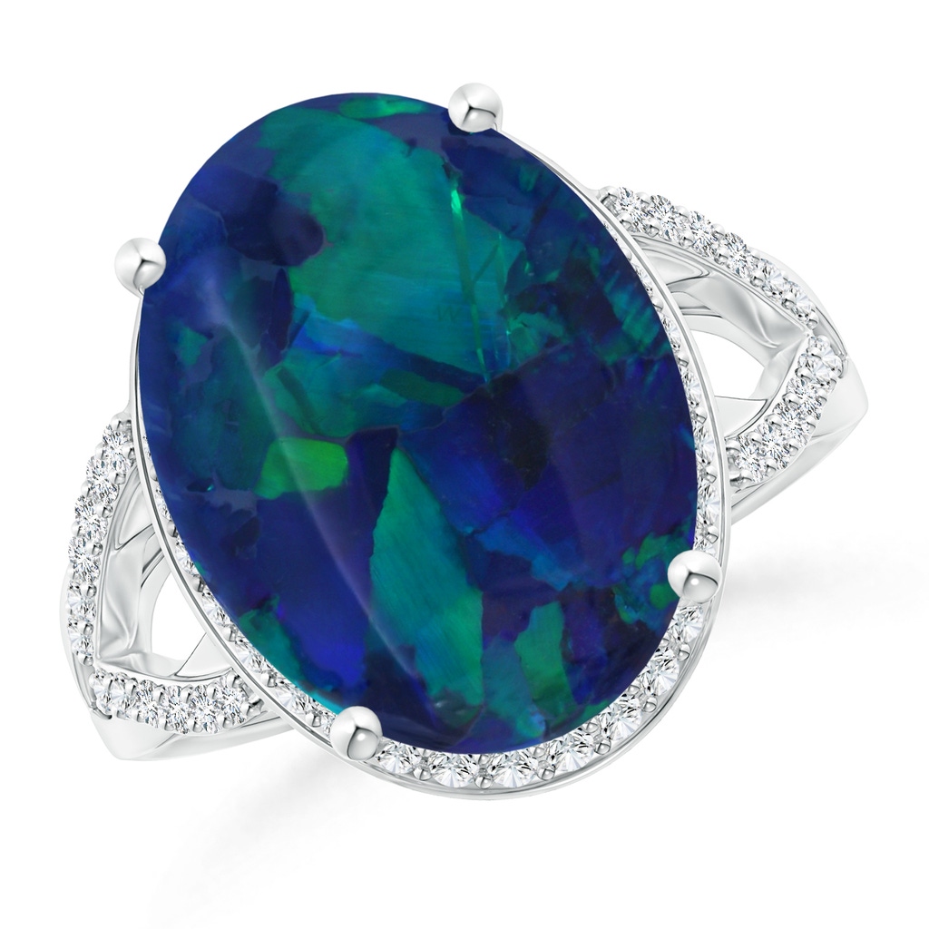 17.13x11.46x5.20mm AAA GIA Certified Black Opal Split Shank Ring with Diamond Accents in 18K White Gold