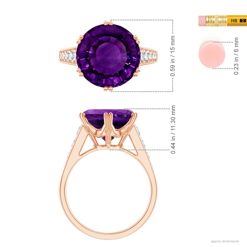 14.79-14.98x8.92mm A GIA Certified Round Amethyst Cocktail Ring with Diamonds in 18K Rose Gold ruler