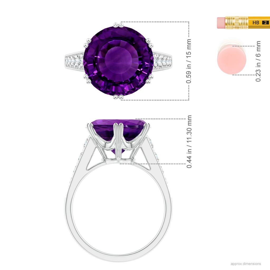 15x15mm A GIA Certified Round Amethyst Cocktail Ring with Diamonds in 18K White Gold Ruler