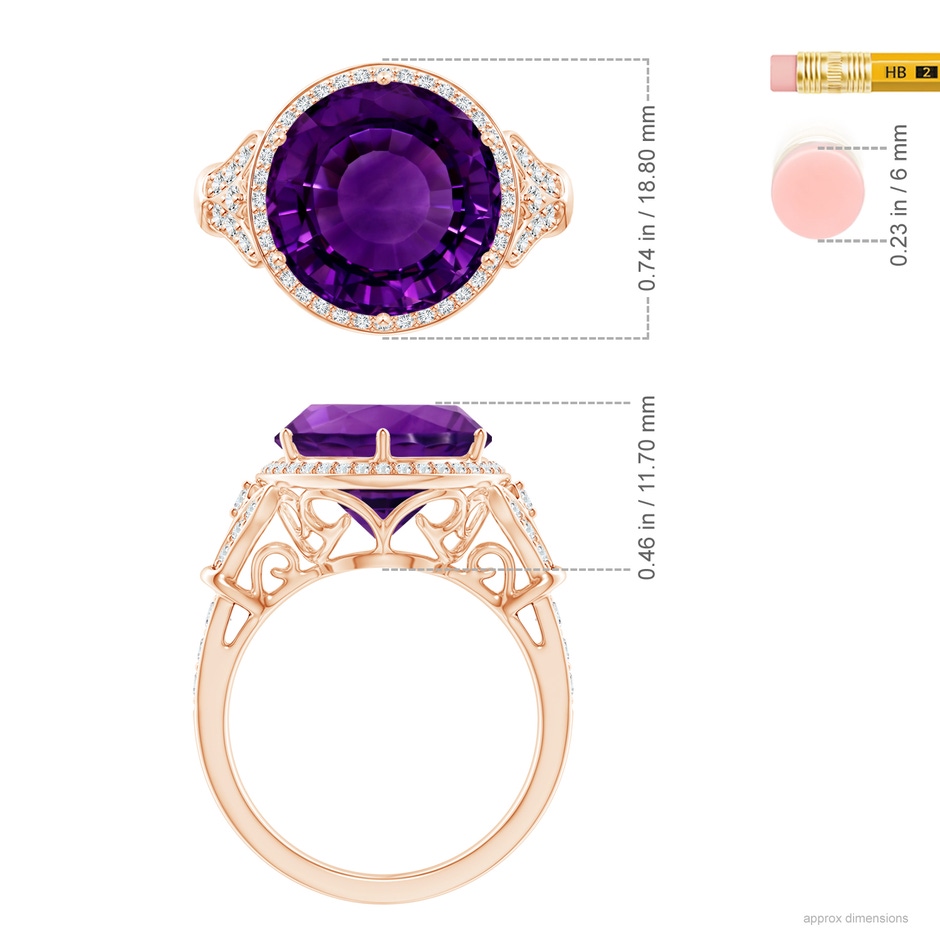 14.79-14.98x8.92mm A GIA Certified Vintage Style Round Amethyst Cocktail Ring in Rose Gold ruler