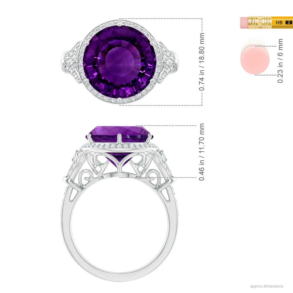 15x15mm A GIA Certified Vintage Style Round Amethyst Cocktail Ring in 18K White Gold Ruler