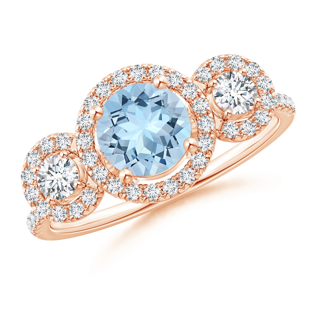 6mm AAA Round Aquamarine and Diamond Three Stone Halo Ring in Rose Gold