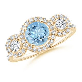 6mm AAAA Round Aquamarine and Diamond Three Stone Halo Ring in Yellow Gold