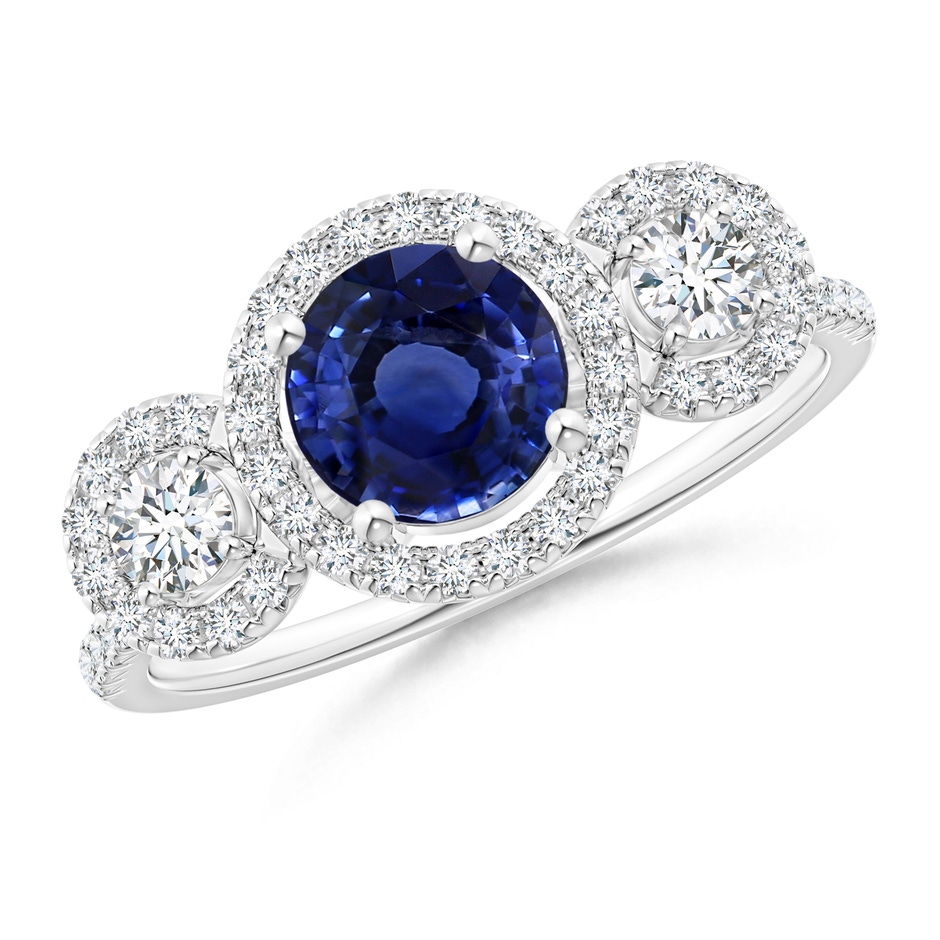 6.10X6.10X4.03mm AA GIA Certified Blue Sapphire Three Stone Ring with Diamond Halo in P950 Platinum 