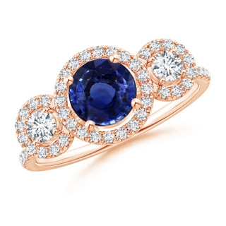 6.10X6.10X4.03mm AA GIA Certified Blue Sapphire Three Stone Ring with Diamond Halo in Rose Gold