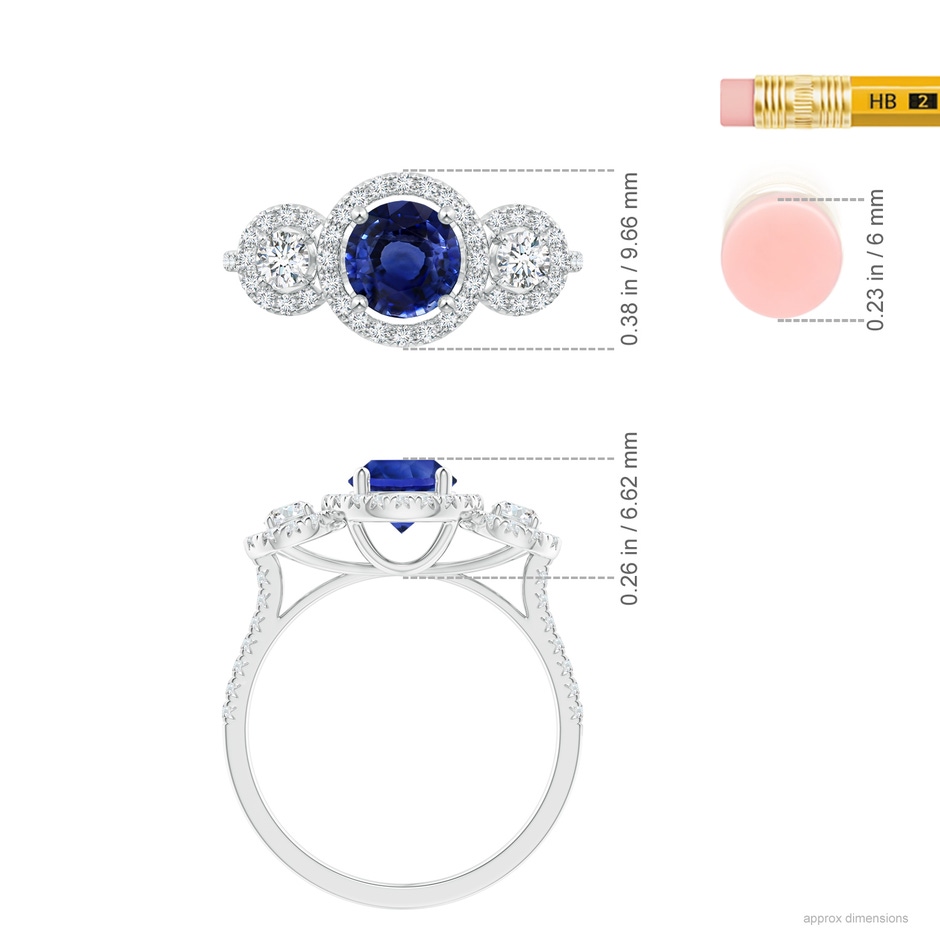 6.10X6.10X4.03mm AA GIA Certified Blue Sapphire Three Stone Ring with Diamond Halo in White Gold Ruler