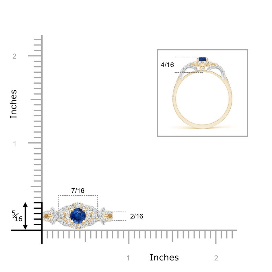 4mm AAA Vintage Inspired Sapphire and Diamond Ring with 'X' Motif in Yellow Gold White Gold ruler