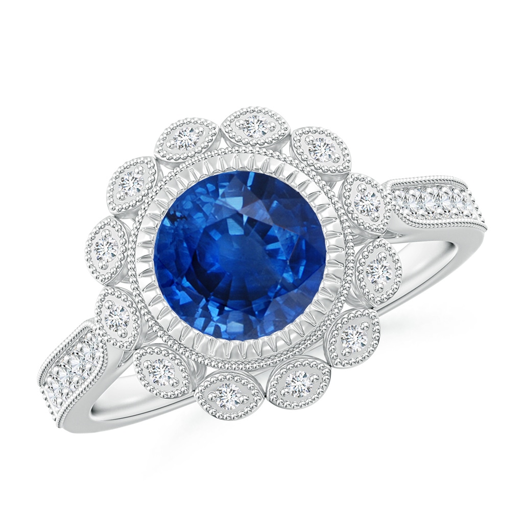 7mm AAA Vintage Style Sapphire and Diamond Ring with Latticework in White Gold