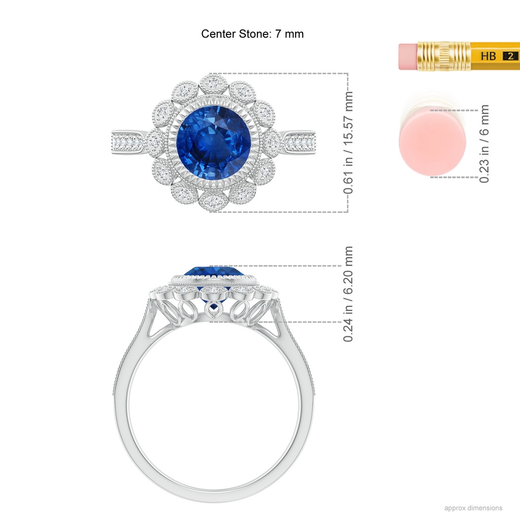 7mm AAA Vintage Style Sapphire and Diamond Ring with Latticework in White Gold Ruler
