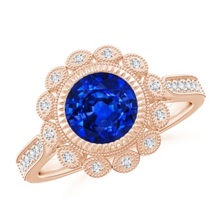 7mm AAAA Vintage Style Sapphire and Diamond Ring with Latticework in Rose Gold