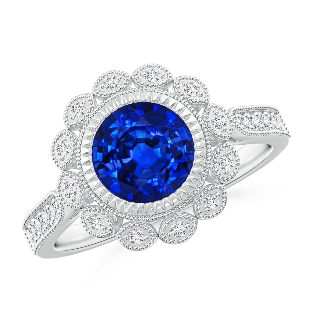 7mm Lab-Grown Vintage Style Sapphire and Diamond Ring with Latticework in White Gold