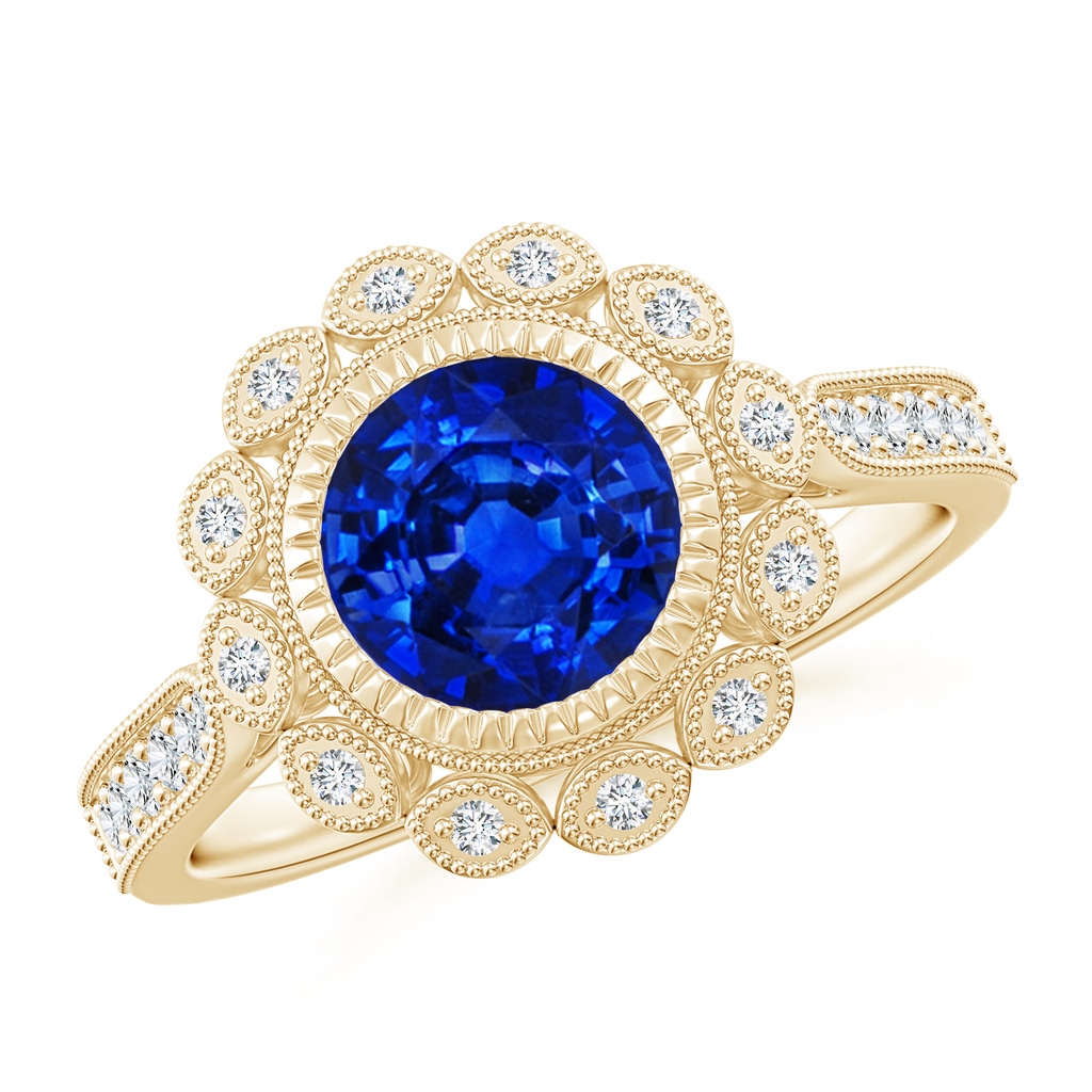7mm AAAA Vintage Style Sapphire and Diamond Ring with Latticework in Yellow Gold