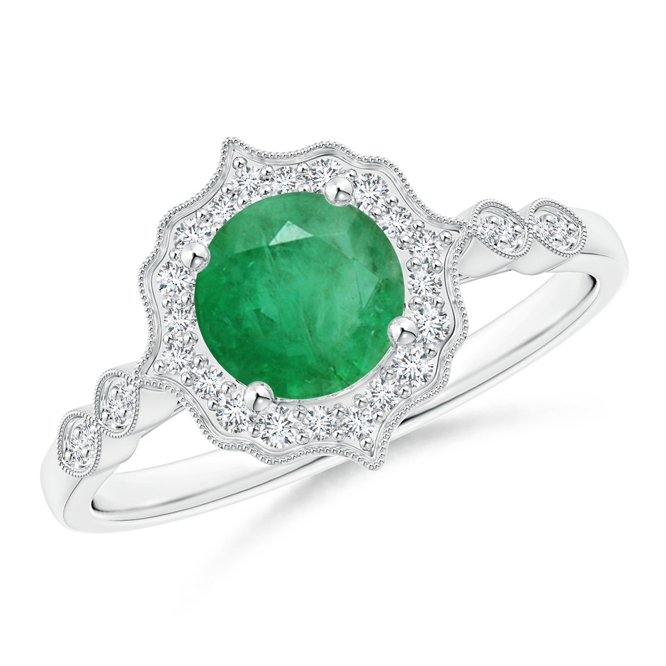 6mm A Vintage Inspired Round Emerald Ring with Ornate Halo in P950 Platinum 