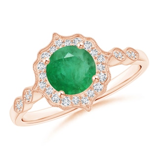 6mm A Vintage Inspired Round Emerald Ring with Ornate Halo in Rose Gold