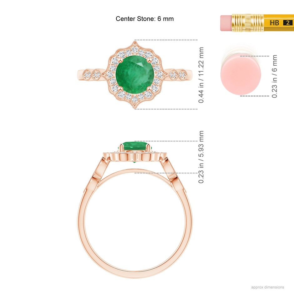 6mm A Vintage Inspired Round Emerald Ring with Ornate Halo in Rose Gold ruler