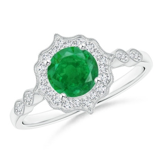 6mm AA Vintage Inspired Round Emerald Ring with Ornate Halo in P950 Platinum