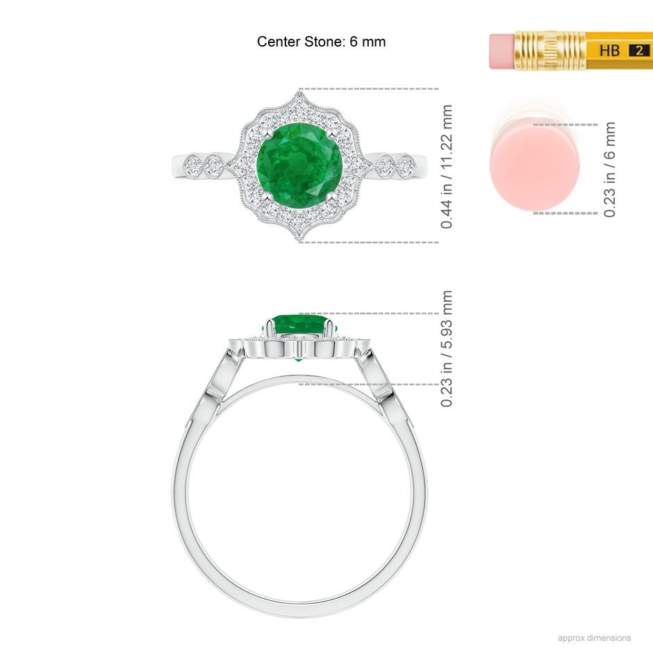 6mm AA Vintage Inspired Round Emerald Ring with Ornate Halo in P950 Platinum ruler