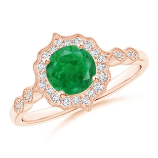 6mm AA Vintage Inspired Round Emerald Ring with Ornate Halo in Rose Gold