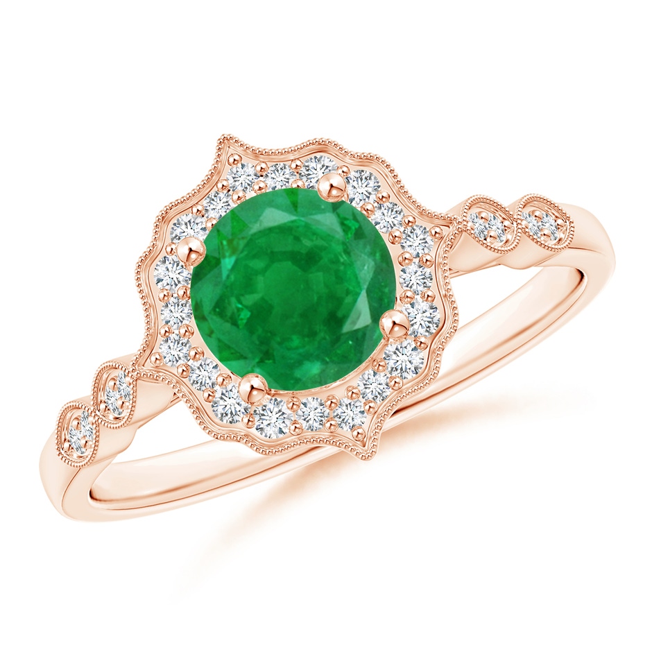 6mm AA Vintage Inspired Round Emerald Ring with Ornate Halo in Rose Gold 