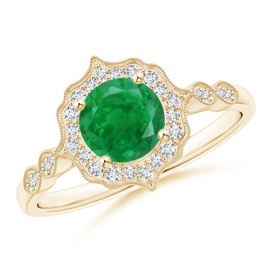 6mm AA Vintage Inspired Round Emerald Ring with Ornate Halo in Yellow Gold 