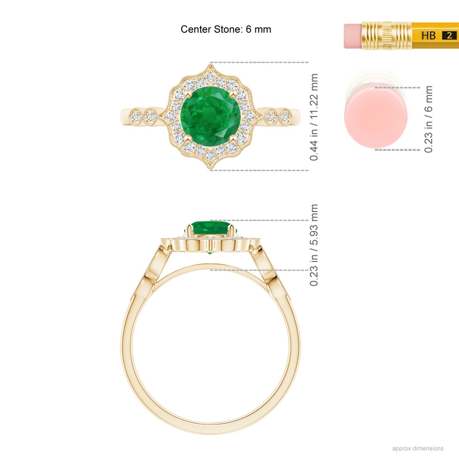 6mm AA Vintage Inspired Round Emerald Ring with Ornate Halo in Yellow Gold ruler
