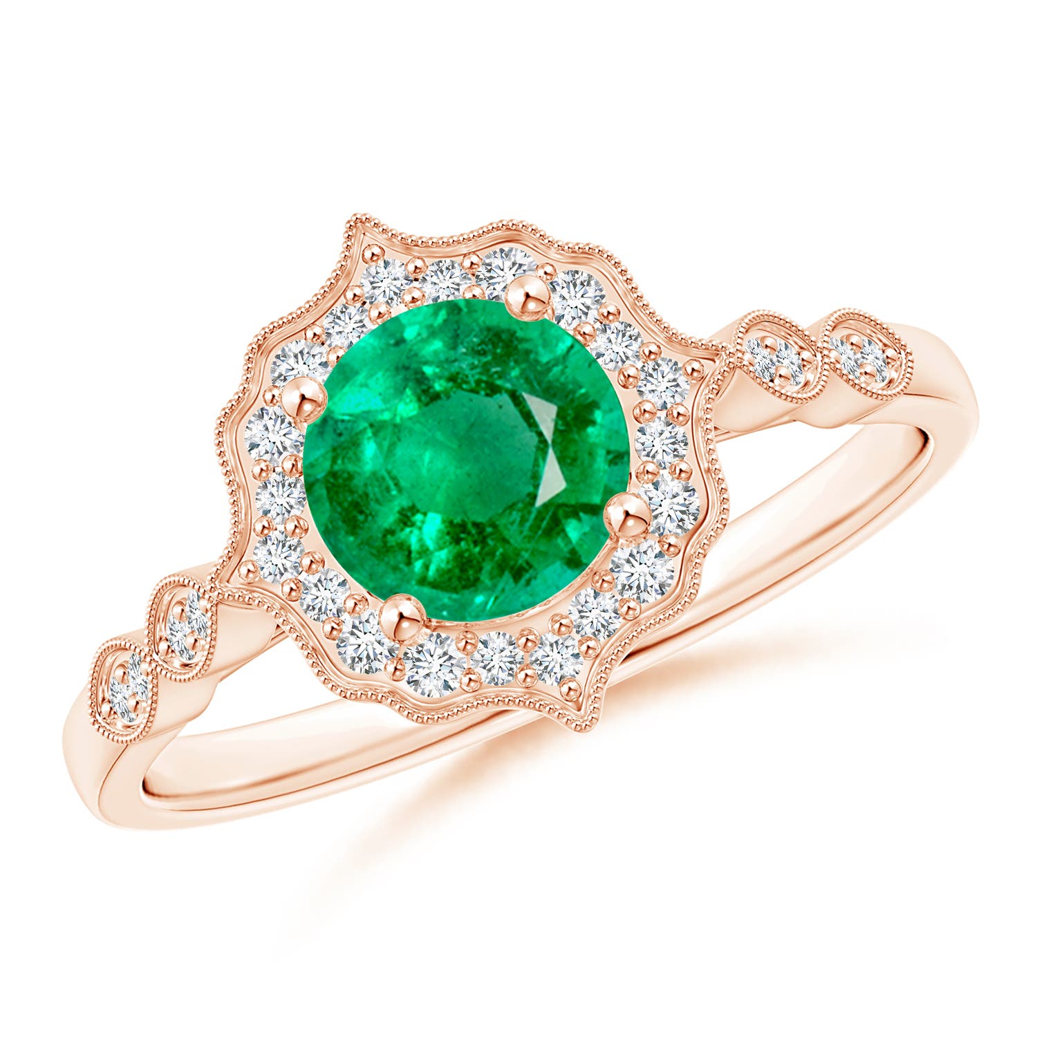 Vintage Inspired Round Emerald Ring with Ornate Halo | Angara
