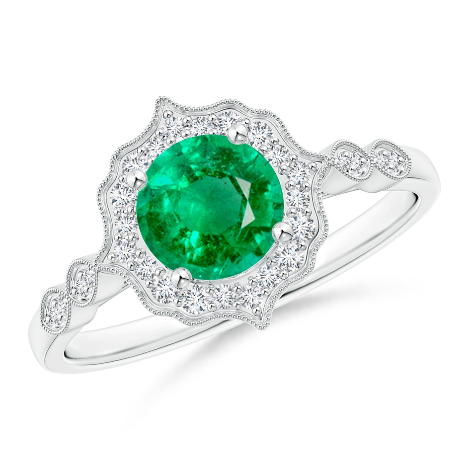 6mm AAA Vintage Inspired Round Emerald Ring with Ornate Halo in White Gold 