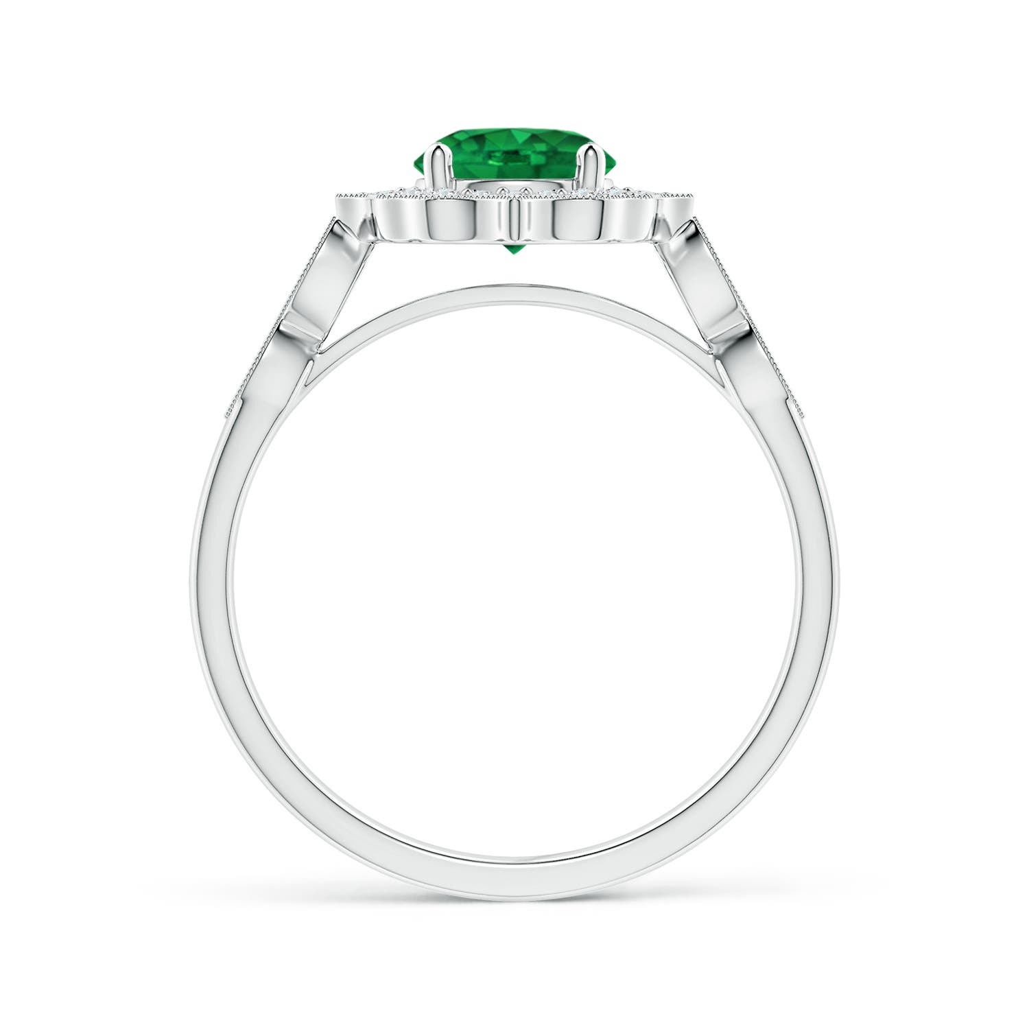 6mm AAA Vintage Inspired Round Emerald Ring with Ornate Halo in White Gold - side 1