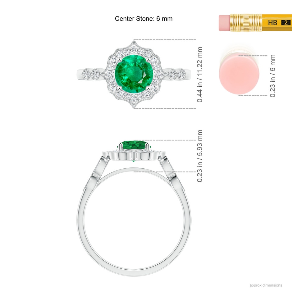 6mm AAA Vintage Inspired Round Emerald Ring with Ornate Halo in White Gold ruler