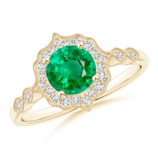 6mm AAA Vintage Inspired Round Emerald Ring with Ornate Halo in Yellow Gold
